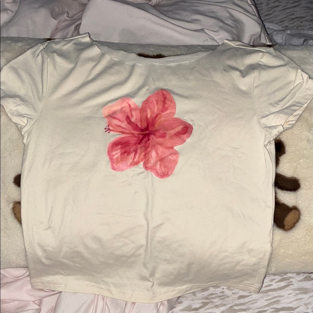 Edikted Cream Tee with Pink Floral Design